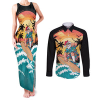 Vintage Santa Claus Surfing Summer Couples Matching Tank Maxi Dress and Long Sleeve Button Shirt Mele Kalikimaka i Iulai! LT9 Black - Polynesian Pride
