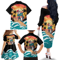 Vintage Santa Claus Surfing Summer Family Matching Off The Shoulder Long Sleeve Dress and Hawaiian Shirt Mele Kalikimaka i Iulai! LT9 Mom's Dress Black - Polynesian Pride