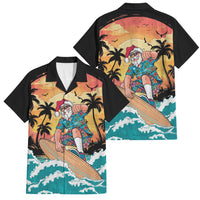 Vintage Santa Claus Surfing Summer Family Matching Off The Shoulder Long Sleeve Dress and Hawaiian Shirt Mele Kalikimaka i Iulai! LT9 Dad's Shirt - Short Sleeve Black - Polynesian Pride