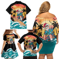 Vintage Santa Claus Surfing Summer Family Matching Off Shoulder Short Dress and Hawaiian Shirt Mele Kalikimaka i Iulai! LT9 Mom's Dress Black - Polynesian Pride
