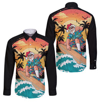 Vintage Santa Claus Surfing Summer Family Matching Off Shoulder Short Dress and Hawaiian Shirt Mele Kalikimaka i Iulai! LT9 Dad's Shirt - Long Sleeve Black - Polynesian Pride
