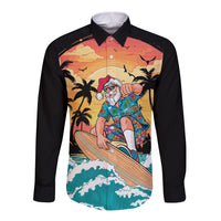 Vintage Santa Claus Surfing Summer Long Sleeve Button Shirt Mele Kalikimaka i Iulai! LT9 Unisex Black - Polynesian Pride