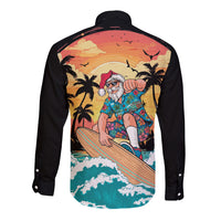 Vintage Santa Claus Surfing Summer Long Sleeve Button Shirt Mele Kalikimaka i Iulai! LT9 - Polynesian Pride