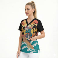 Vintage Santa Claus Surfing Summer Scrub Top Mele Kalikimaka i Iulai! LT9 - Polynesian Pride