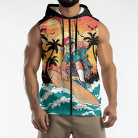 Vintage Santa Claus Surfing Summer Sleeveless Zip Hoodie Mele Kalikimaka i Iulai! LT9 - Polynesian Pride