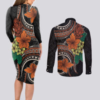 Vintage Hibiscus Pacific Floral Couples Matching Long Sleeve Bodycon Dress and Long Sleeve Button Shirt