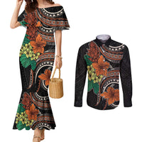 Vintage Hibiscus Pacific Floral Couples Matching Mermaid Dress and Long Sleeve Button Shirt