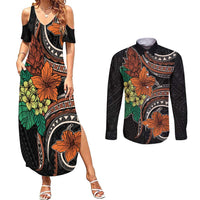 Vintage Hibiscus Pacific Floral Couples Matching Summer Maxi Dress and Long Sleeve Button Shirt