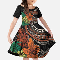 Vintage Hibiscus Pacific Floral Kid Short Sleeve Dress LT9 KID Black - Polynesian Pride