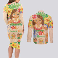 Kawaii Hula Girls Couples Matching Long Sleeve Bodycon Dress and Long Sleeve Button Shirt Aloha Hibiscus Flowers
