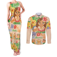 Kawaii Hula Girls Couples Matching Tank Maxi Dress and Long Sleeve Button Shirt Aloha Hibiscus Flowers