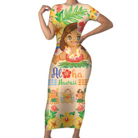 Kawaii Hula Girls Short Sleeve Bodycon Dress Aloha Hibiscus Flowers