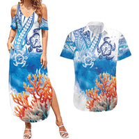 Hibiscus Turtle Tattoo Coral Reef Couples Matching Summer Maxi Dress and Hawaiian Shirt with Polynesian Tribal