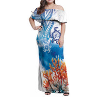 Hibiscus Turtle Tattoo Coral Reef Family Matching Off Shoulder Maxi Dress and Hawaiian Shirt with Polynesian Tribal
