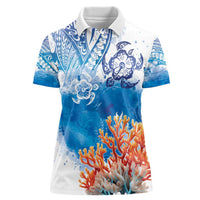 Hibiscus Turtle Tattoo Coral Reef Women Polo Shirt with Polynesian Tribal LT9 Female White - Polynesian Pride