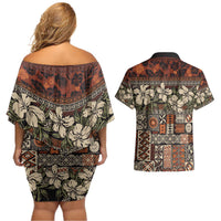 Pacific Hibiscus Tapa Tribal Vintage Couples Matching Off Shoulder Short Dress and Hawaiian Shirt Brown Motif