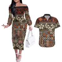 Pacific Hibiscus Tapa Tribal Vintage Couples Matching Off The Shoulder Long Sleeve Dress and Hawaiian Shirt Brown Motif