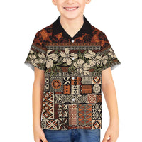 Pacific Hibiscus Tapa Tribal Vintage Family Matching Off Shoulder Short Dress and Hawaiian Shirt Brown Motif
