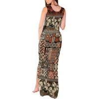 Pacific Hibiscus Tapa Tribal Vintage Tank Maxi Dress Brown Motif