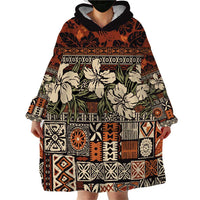 Pacific Hibiscus Tapa Tribal Vintage Wearable Blanket Hoodie Brown Motif