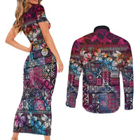 Pacific Hibiscus Tapa Tribal Vintage Couples Matching Short Sleeve Bodycon Dress and Long Sleeve Button Shirt Pink Motif