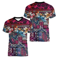 Pacific Hibiscus Tapa Tribal Vintage Women V-Neck T-Shirt Pink Motif