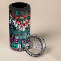 Pacific Hibiscus Tapa Tribal Vintage 4 in 1 Can Cooler Tumbler Turquoise Motif