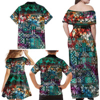 Pacific Hibiscus Tapa Tribal Vintage Family Matching Off Shoulder Maxi Dress and Hawaiian Shirt Turquoise Motif