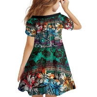 Pacific Hibiscus Tapa Tribal Vintage Family Matching Short Sleeve Bodycon Dress and Hawaiian Shirt Turquoise Motif