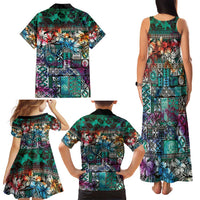 Pacific Hibiscus Tapa Tribal Vintage Family Matching Tank Maxi Dress and Hawaiian Shirt Turquoise Motif