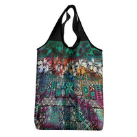 Pacific Hibiscus Tapa Tribal Vintage Grocery Bag Turquoise Motif