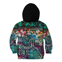 Pacific Hibiscus Tapa Tribal Vintage Kid Hoodie Turquoise Motif LT9 - Polynesian Pride