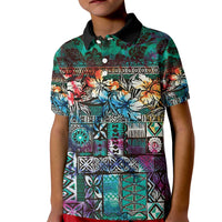 Pacific Hibiscus Tapa Tribal Vintage Kid Polo Shirt Turquoise Motif LT9 Kid Turquoise - Polynesian Pride