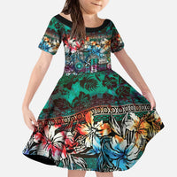 Pacific Hibiscus Tapa Tribal Vintage Kid Short Sleeve Dress Turquoise Motif LT9 KID Turquoise - Polynesian Pride