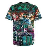 Pacific Hibiscus Tapa Tribal Vintage Rugby Jersey Turquoise Motif