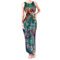 Pacific Hibiscus Tapa Tribal Vintage Tank Maxi Dress Turquoise Motif