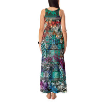 Pacific Hibiscus Tapa Tribal Vintage Tank Maxi Dress Turquoise Motif