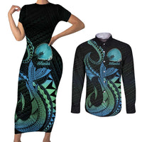 Personalised Hawaii Kure Atoll Couples Matching Short Sleeve Bodycon Dress and Long Sleeve Button Shirt Holaniku Coral Reef with Polynesian Tribal