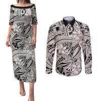 Polynesia Couples Matching Puletasi Dress and Long Sleeve Button Shirt Tribal Polynesian Spirit With Beige Pacific Flowers LT9 Beige - Polynesian Pride