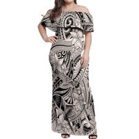 Polynesia Off Shoulder Maxi Dress Tribal Polynesian Spirit With Beige Pacific Flowers LT9 Women Beige - Polynesian Pride