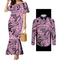 Polynesia Couples Matching Mermaid Dress and Long Sleeve Button Shirt Tribal Polynesian Spirit With Pink Pacific Flowers LT9 Pink - Polynesian Pride