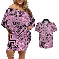 Polynesia Couples Matching Off Shoulder Short Dress and Hawaiian Shirt Tribal Polynesian Spirit With Pink Pacific Flowers LT9 Pink - Polynesian Pride