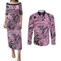 Polynesia Couples Matching Puletasi Dress and Long Sleeve Button Shirt Tribal Polynesian Spirit With Pink Pacific Flowers LT9 Pink - Polynesian Pride