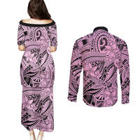 Polynesia Couples Matching Puletasi Dress and Long Sleeve Button Shirt Tribal Polynesian Spirit With Pink Pacific Flowers LT9 - Polynesian Pride