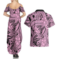 Polynesia Couples Matching Summer Maxi Dress and Hawaiian Shirt Tribal Polynesian Spirit With Pink Pacific Flowers LT9 - Polynesian Pride