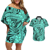Polynesia Couples Matching Off Shoulder Short Dress and Hawaiian Shirt Tribal Polynesian Spirit With Teal Pacific Flowers LT9 Teal - Polynesian Pride