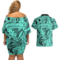 Polynesia Couples Matching Off Shoulder Short Dress and Hawaiian Shirt Tribal Polynesian Spirit With Teal Pacific Flowers LT9 - Polynesian Pride