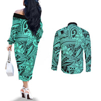 Polynesia Couples Matching Off The Shoulder Long Sleeve Dress and Long Sleeve Button Shirt Tribal Polynesian Spirit With Teal Pacific Flowers LT9 - Polynesian Pride