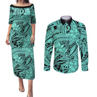 Polynesia Couples Matching Puletasi Dress and Long Sleeve Button Shirt Tribal Polynesian Spirit With Teal Pacific Flowers LT9 Teal - Polynesian Pride