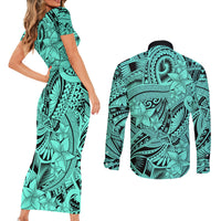 Polynesia Couples Matching Short Sleeve Bodycon Dress and Long Sleeve Button Shirt Tribal Polynesian Spirit With Teal Pacific Flowers LT9 - Polynesian Pride